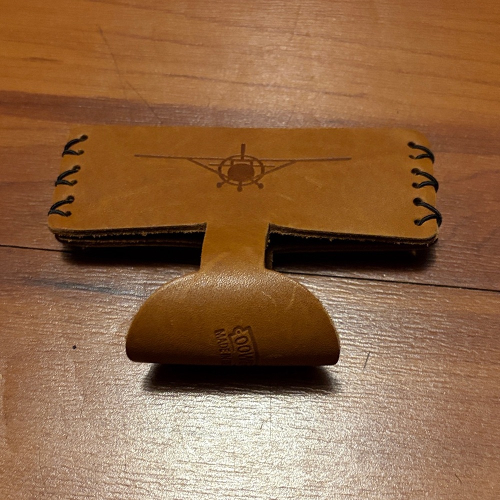 Cowee Tan Leather Koozie Beverage Holder with Airplane Design